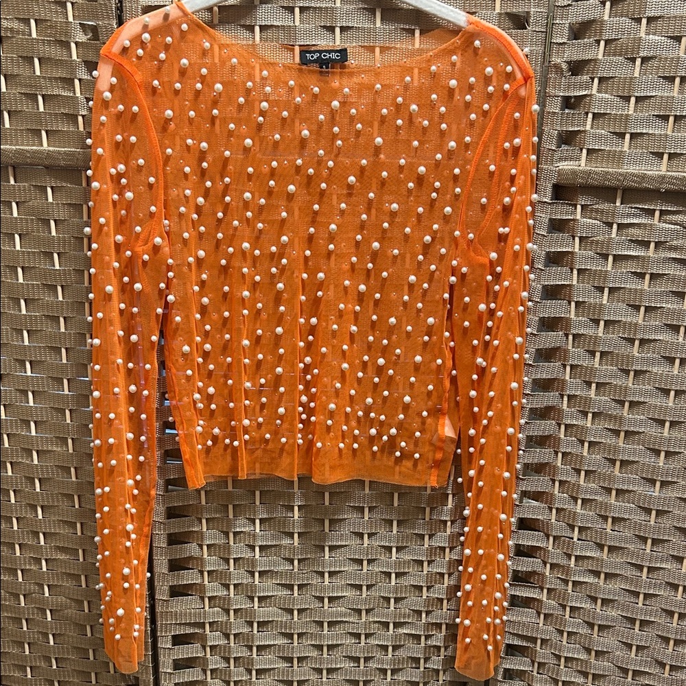TOP CHIC Orange Pearl-Embellished Sheer Long Sleeve Top